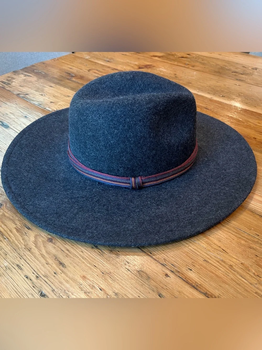 Zara Charcoal Wide-Brim Wool Hat with Striped Band EUC